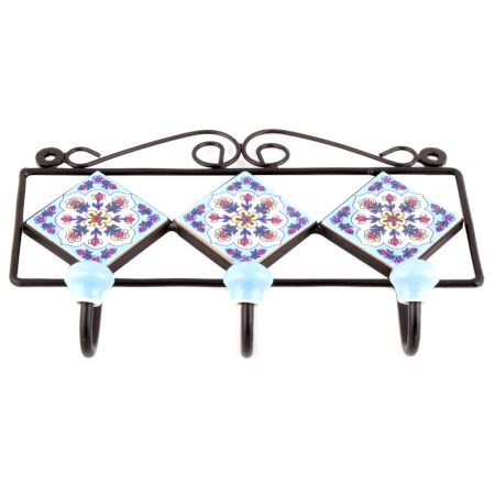 Turquoise White Floral Tiles Hooks